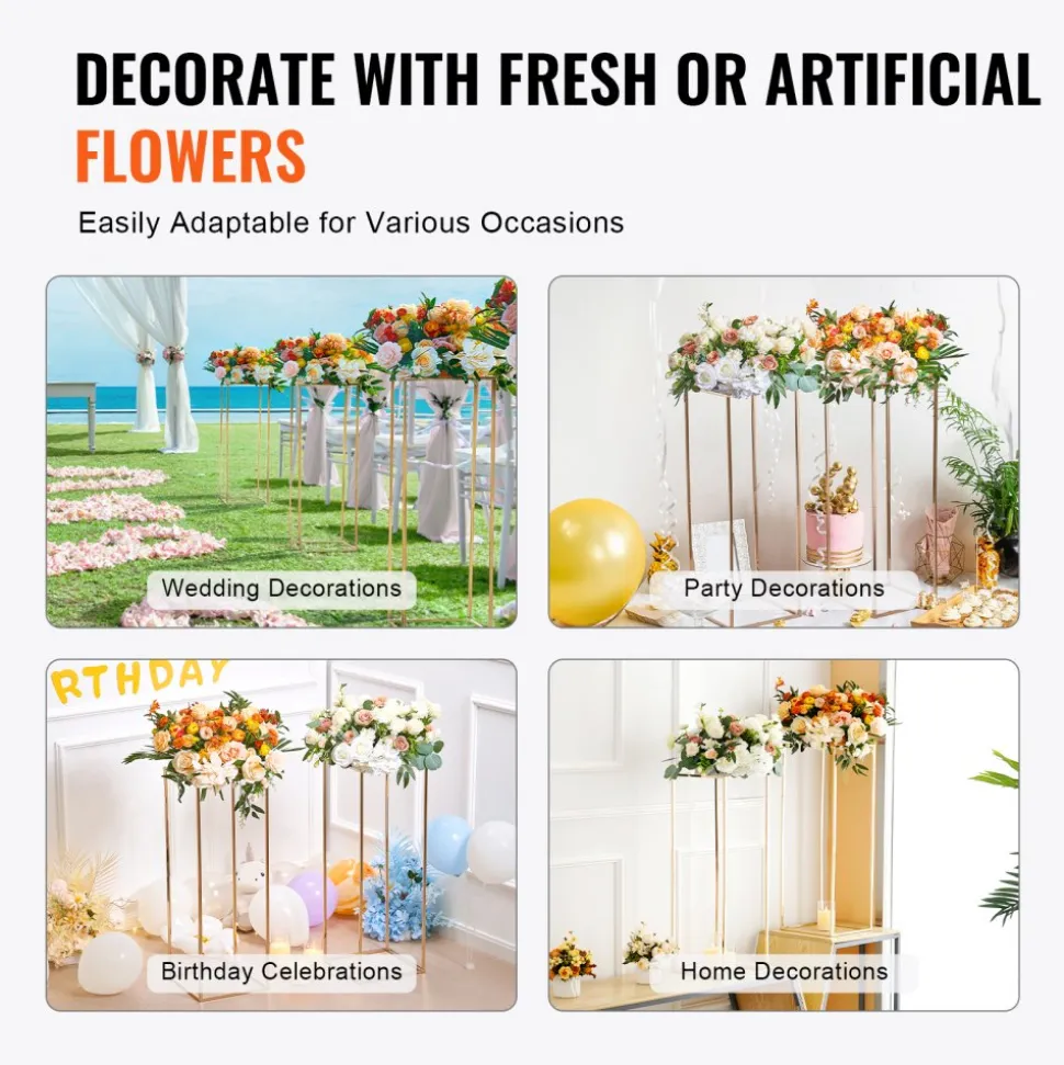VEVOR 10PCS 31.5inch High Wedding Flower Stand, With Acrylic Laminate,Metal Vase Column Geometric Centerpiece Stands, Gold Rectangular Floral Display Rack for Events Reception, Party Decoration