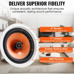 VEVOR 4 PCs 8 Inch in Ceiling Speakers, 100-Watts, Flush Mount Ceiling & in-Wall Speakers System with 8ΩImpedance 89dB Sensitivity, for Home Kitchen Living Room Bedroom or Covered Outdoor Porches