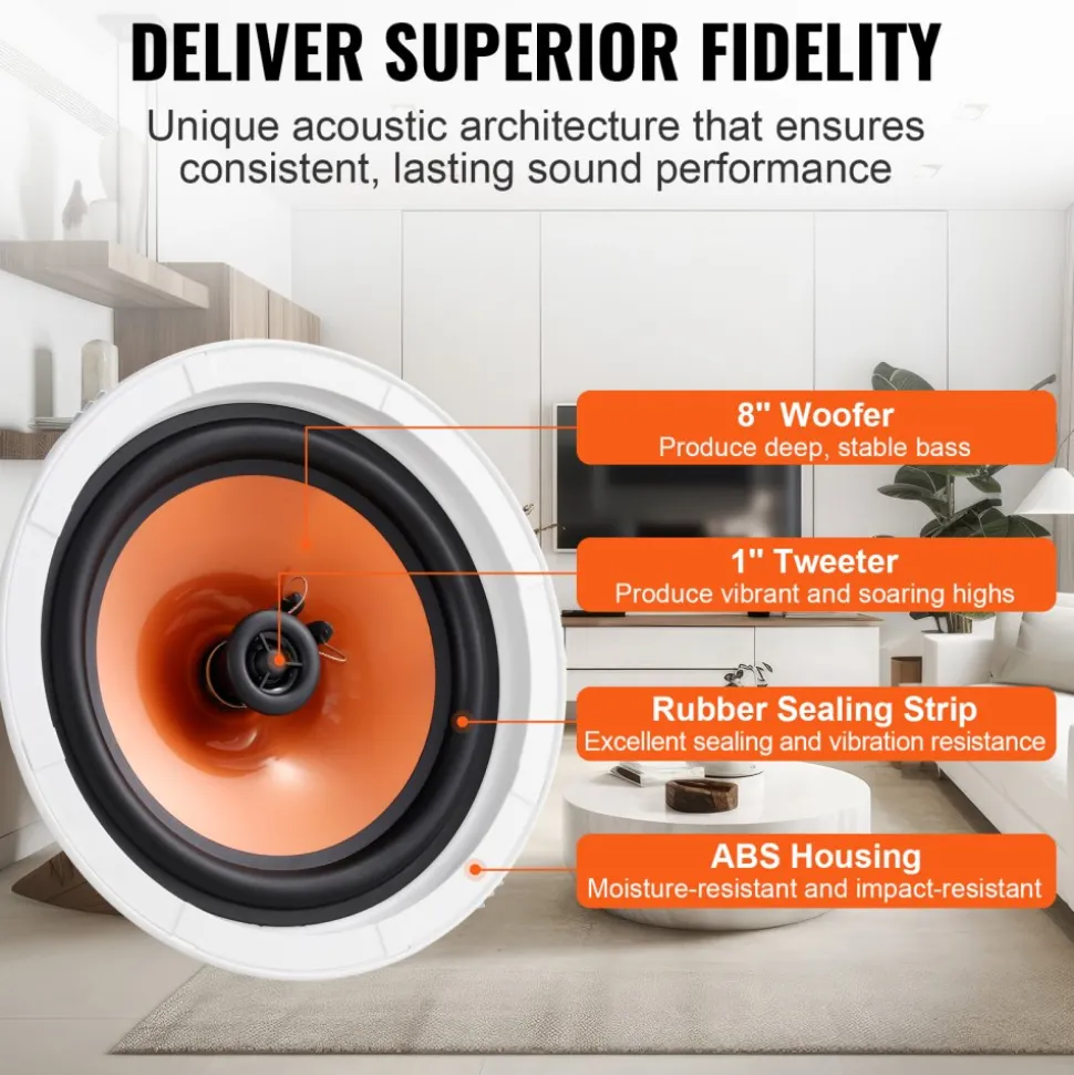 VEVOR 4 PCs 8 Inch in Ceiling Speakers, 100-Watts, Flush Mount Ceiling & in-Wall Speakers System with 8ΩImpedance 89dB Sensitivity, for Home Kitchen Living Room Bedroom or Covered Outdoor Porches