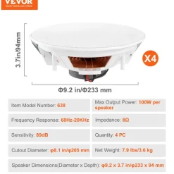 VEVOR 4 PCs 8 Inch in Ceiling Speakers, 100-Watts, Flush Mount Ceiling & in-Wall Speakers System with 8ΩImpedance 89dB Sensitivity, for Home Kitchen Living Room Bedroom or Covered Outdoor Porches