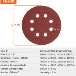 VEVOR 150 PCS 5 Inch Sanding Discs Set, 8-Hole Round Hook and Loop Sandpaper for Orbital Sander, 10 Grits include 60, 80, 100, 120, 150,180, 240, 320, 400, 600 Grit, for Metal, Wood, Car Sanding