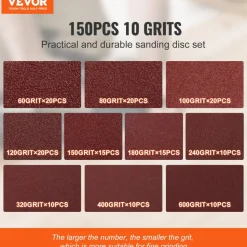 VEVOR 150 PCS 5 Inch Sanding Discs Set, 8-Hole Round Hook and Loop Sandpaper for Orbital Sander, 10 Grits include 60, 80, 100, 120, 150,180, 240, 320, 400, 600 Grit, for Metal, Wood, Car Sanding