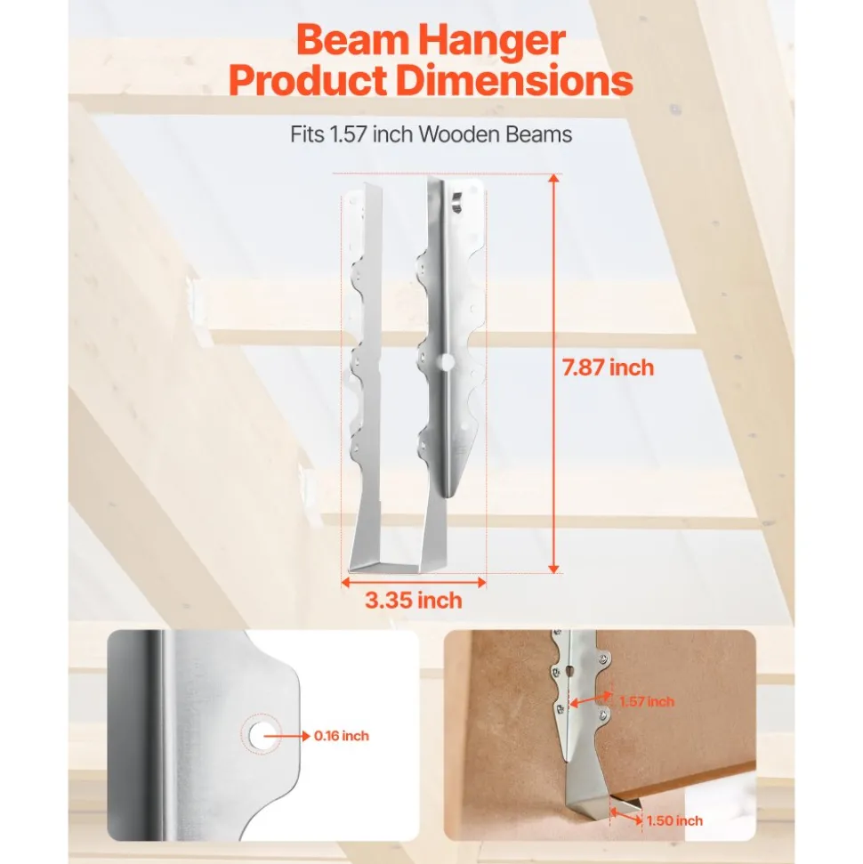 VEVOR 50 Pcs Joist Hanger, Inner Dimensions 1.57 x 1.50 x 7.83 inch / 40 x 38 x 199 mm, Rafter Hurricane Ties Joist Hangers with Rustproof Coating, Tie Brackets for Floor Deck and Ceiling Trusses