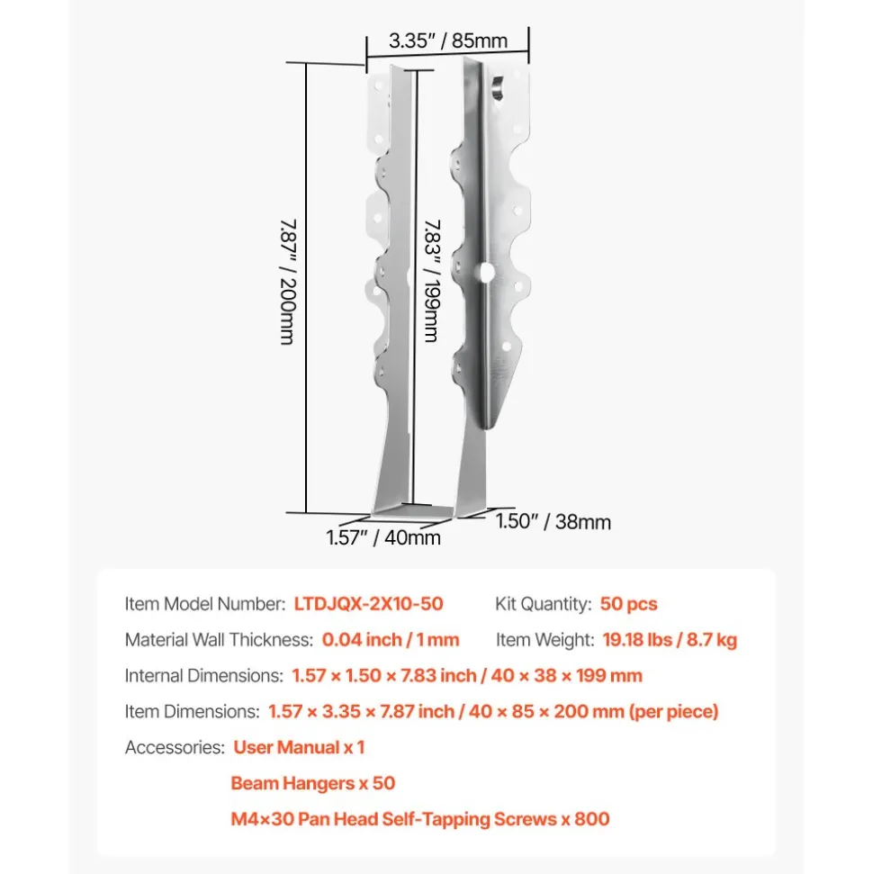 VEVOR 50 Pcs Joist Hanger, Inner Dimensions 1.57 x 1.50 x 7.83 inch / 40 x 38 x 199 mm, Rafter Hurricane Ties Joist Hangers with Rustproof Coating, Tie Brackets for Floor Deck and Ceiling Trusses