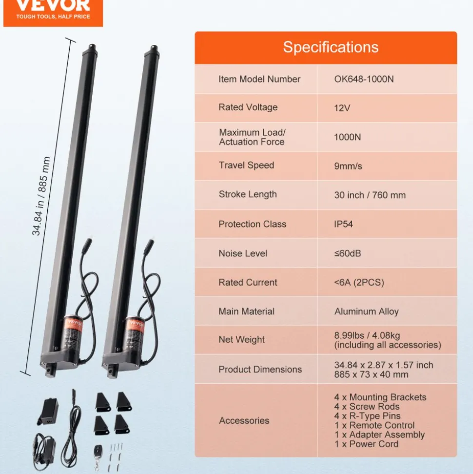 VEVOR 2PCS Linear Actuator Kit, 30 Inch High Speed 0.35"/s Linear Motion Actuator 12V, 220lbs/1000N Linear Actuator for TV/Table/Sofa Lifting, IP54 Protection - Wireless Remote Control Included