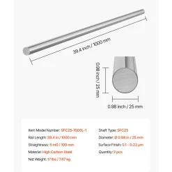 VEVOR 2PCS Linear Motion Rod, 25 mm x 1000 mm (0.98 x 39.4 in), SFC25 Carbon Steel Linear Rod Shaft, Anti Rust and High Precision, High Hardness Shaft, for Cutting Grinding Milling Drilling Machine