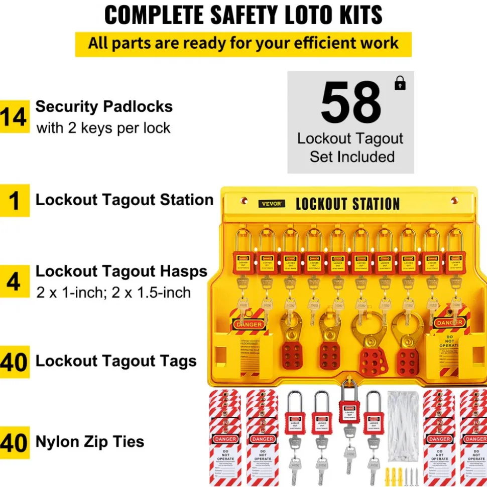 VEVOR 58 PCS Lockout Tagout Kits, Electrical Safety Loto Kit Includes Padlocks, Lockout Station, Hasp, Tags & Zip Ties, Lockout Tagout Safety Tools for Industrial, Electric Power, Machinery