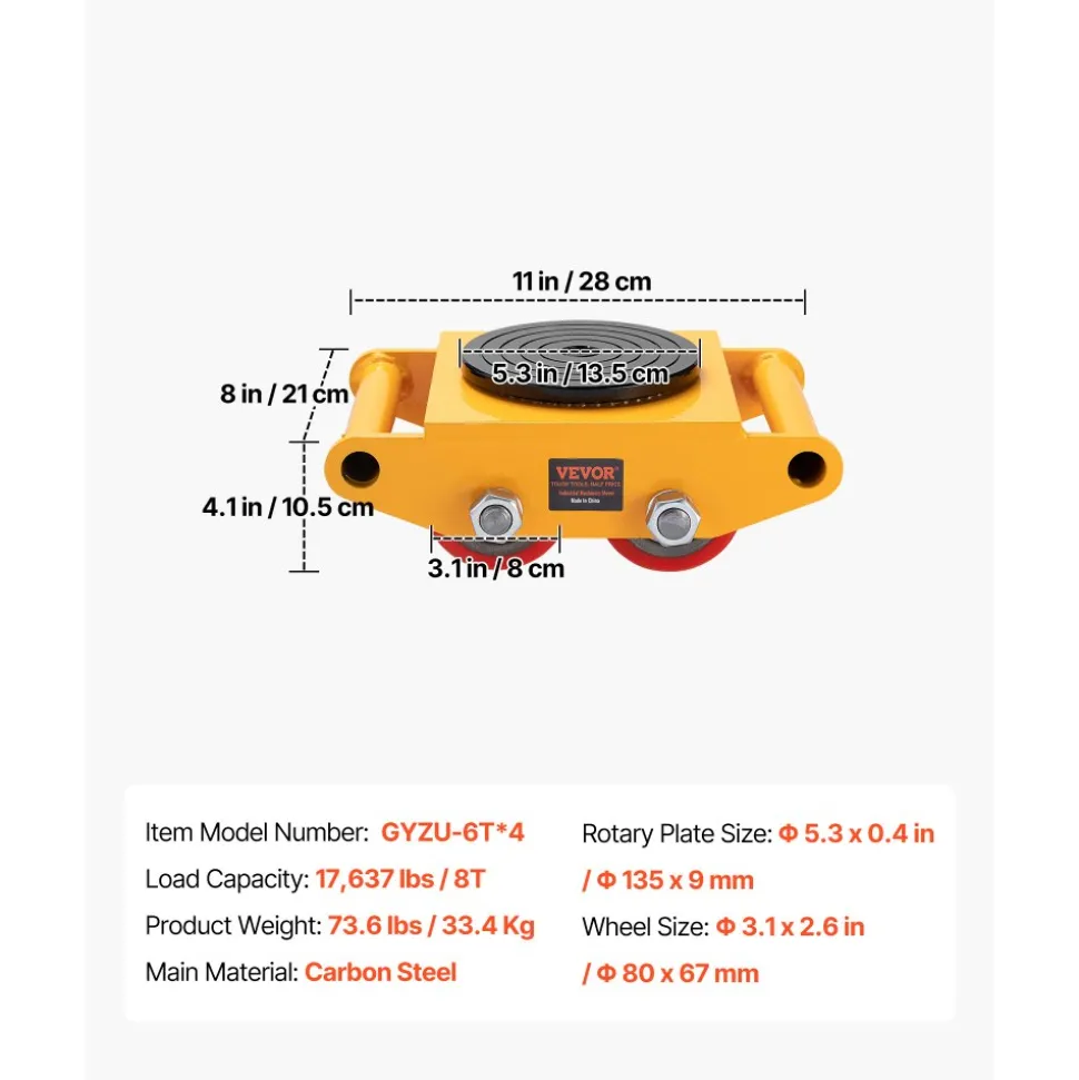 VEVOR 4PCS Machinery Skate Dolly, 17637 LBS/8T Industrial Machinery Mover, Heavy Duty Carbon Steel Machinery Moving Skate with 4 PU Wheels and 360° Rotation Non-Slip Cap for Warehouse, Workshop, Facto