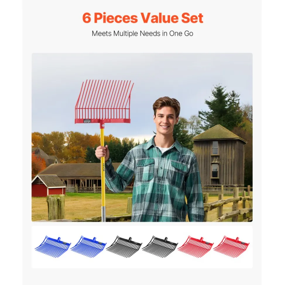 VEVOR 6PCS Manure Fork Replacement Head, 18 Angled Tines Horse Manure Fork Head, Durable Plastic Pitchfork Heads, Horse Mulch Rake for Picking up Stable Stall Muck Grass Hay Cleaning Farm Work