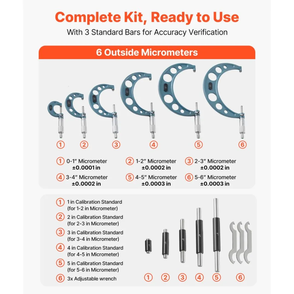 VEVOR 6 PCS Micrometer Set, 0-1"/1-2"/2-3"/3-4"/4-5"/5-6" Machinist Outside Micrometer, Precision 0.0001 Accuracy, Professional Machinist Tools with Protective Case, for Metalworking & Engineering