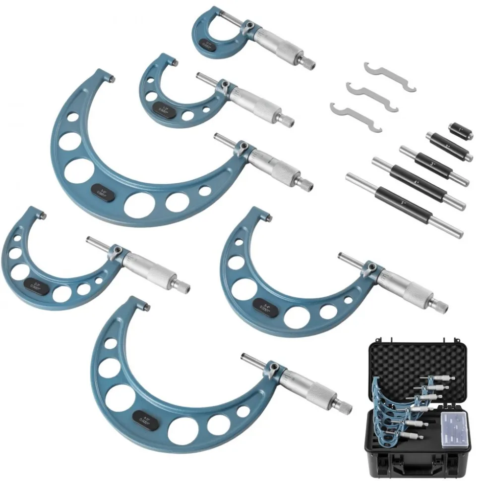 VEVOR 6 PCS Micrometer Set, 0-1"/1-2"/2-3"/3-4"/4-5"/5-6" Machinist Outside Micrometer, Precision 0.0001 Accuracy, Professional Machinist Tools with Protective Case, for Metalworking & Engineering
