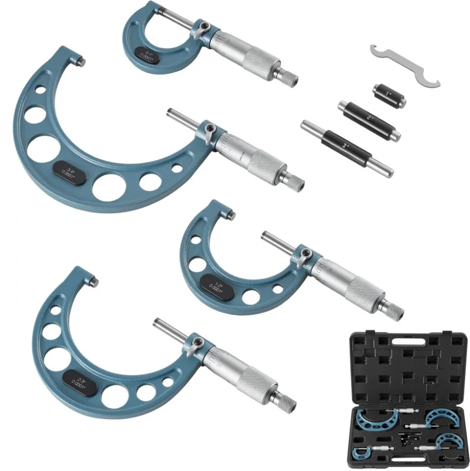 VEVOR 4 PCS Micrometer Set, 0-1"/1-2"/2-3"/3-4" Machinist Outside Micrometer, Ultra-Precision 0.0001 Accuracy, Professional Machinist Tools with Protective Case, for Metalworking & Engineering
