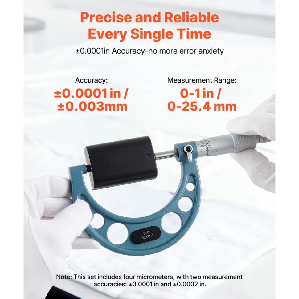 VEVOR 4 PCS Micrometer Set, 0-1"/1-2"/2-3"/3-4" Machinist Outside Micrometer, Ultra-Precision 0.0001 Accuracy, Professional Machinist Tools with Protective Case, for Metalworking & Engineering