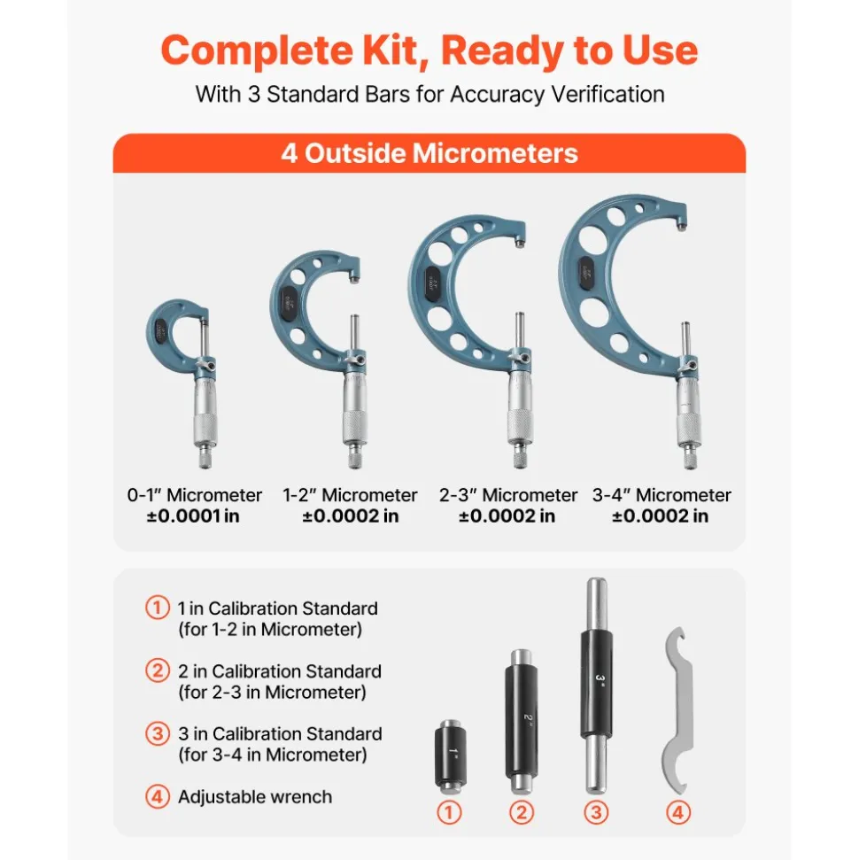 VEVOR 4 PCS Micrometer Set, 0-1"/1-2"/2-3"/3-4" Machinist Outside Micrometer, Ultra-Precision 0.0001 Accuracy, Professional Machinist Tools with Protective Case, for Metalworking & Engineering
