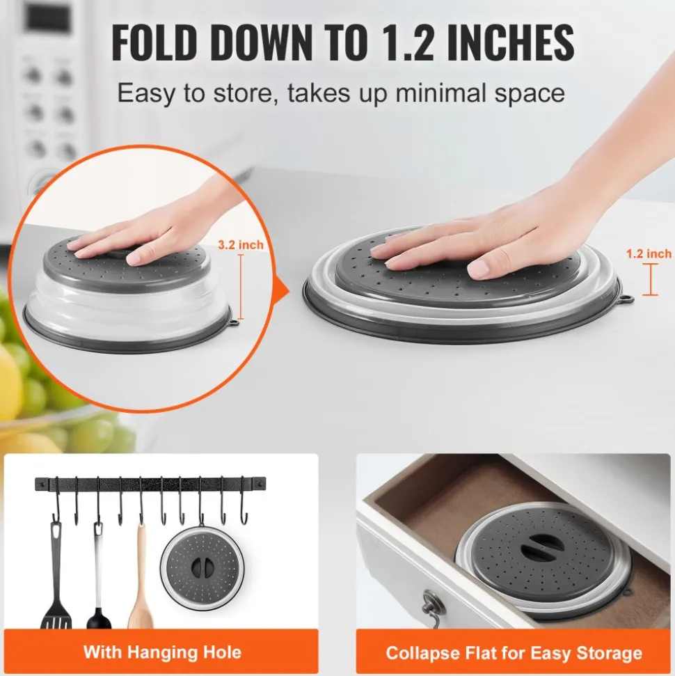 VEVOR 2PCS Microwave Splatter Covers, 10.4" Collapsible Microwave Lid for Food, 300°F Heat-Resistant PP Splatter Guard for Plate Dish, Multi-Use Kitchen Colander Gadget for Washing Fruits Vegetables
