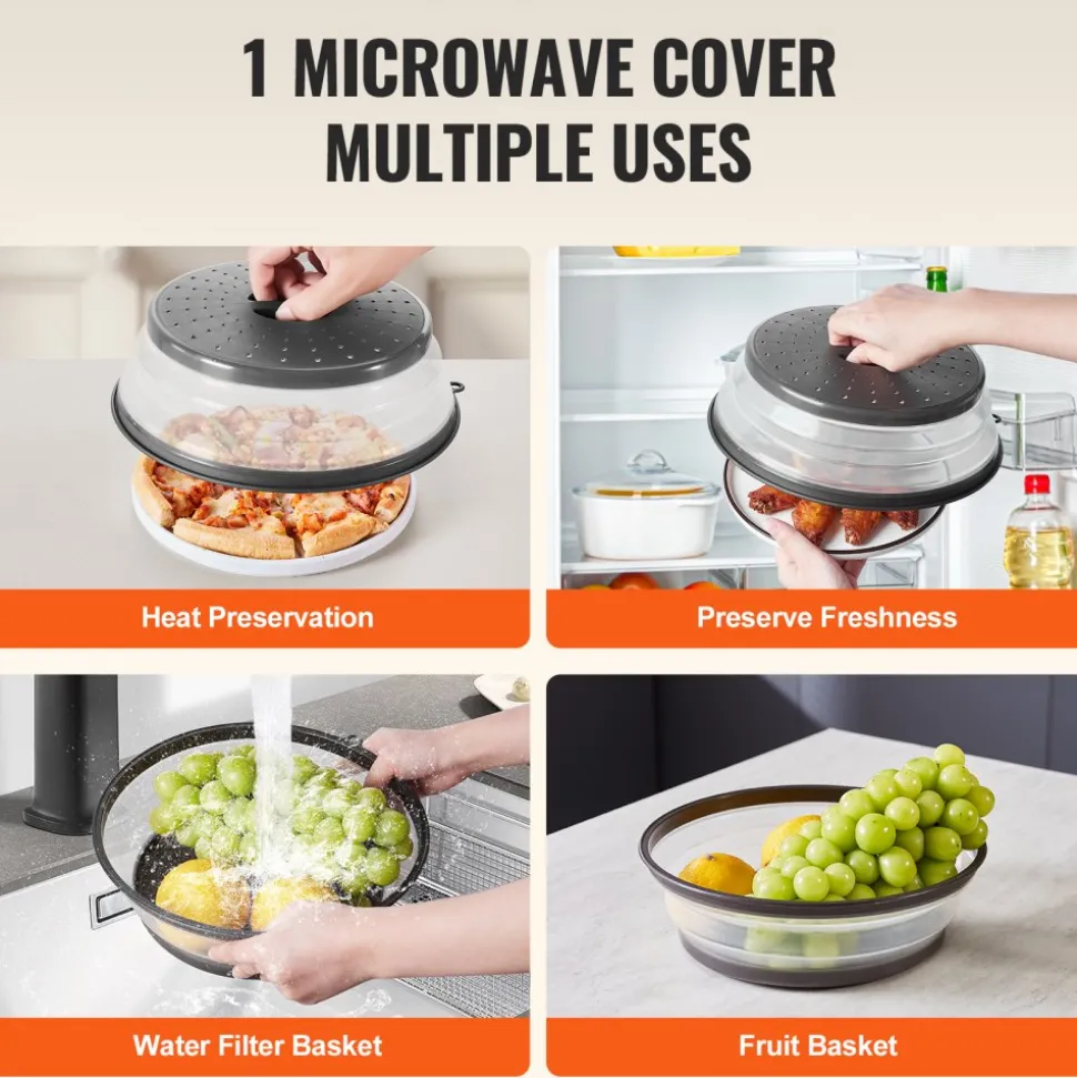 VEVOR 2PCS Microwave Splatter Covers, 10.4" Collapsible Microwave Lid for Food, 300°F Heat-Resistant PP Splatter Guard for Plate Dish, Multi-Use Kitchen Colander Gadget for Washing Fruits Vegetables