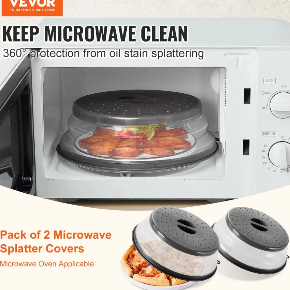 VEVOR 2PCS Microwave Splatter Covers, 10.4" Collapsible Microwave Lid for Food, 300°F Heat-Resistant PP Splatter Guard for Plate Dish, Multi-Use Kitchen Colander Gadget for Washing Fruits Vegetables