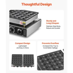 VEVOR 50PCS Mini Dutch Pancake Maker, Non-stick Stainless Steel Dorayaki Baker, 1800W Commercial Electric Poffertjes Grill Pan, Dual Temp & Time Control, for Kitchen Restaurant Breakfast Dessert