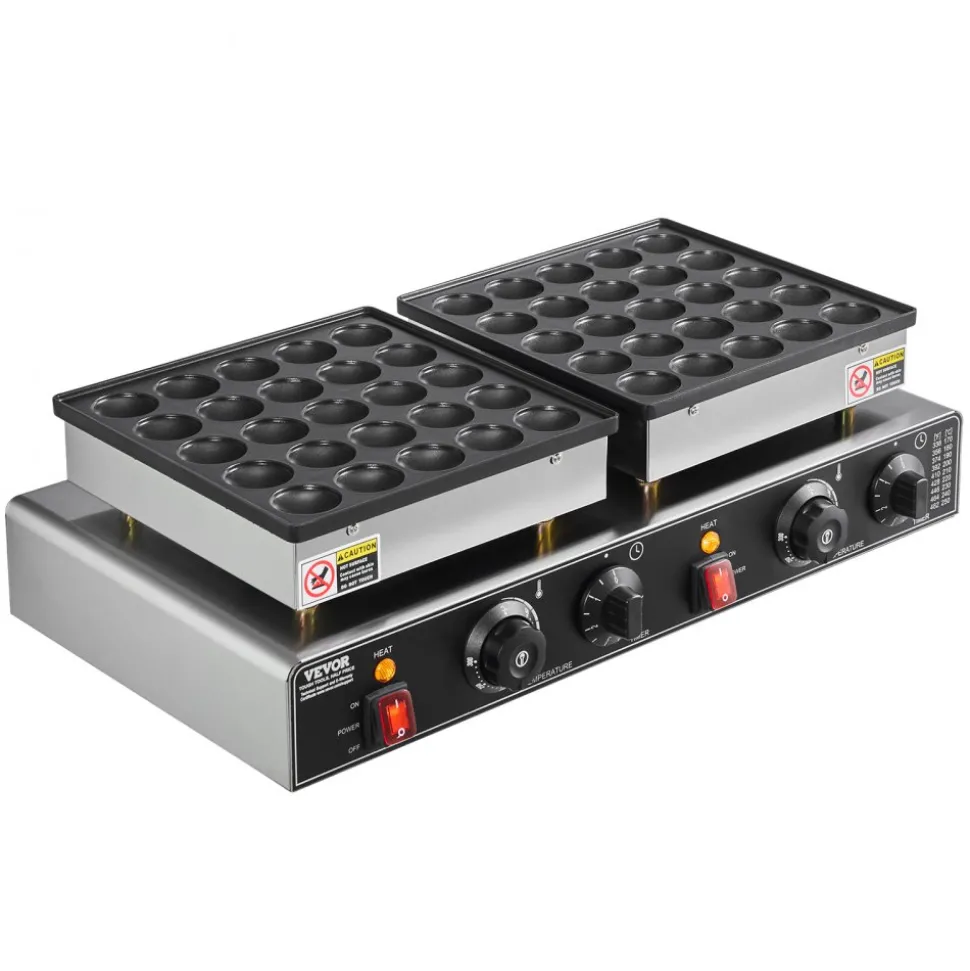 VEVOR 50PCS Mini Dutch Pancake Maker, Non-stick Stainless Steel Dorayaki Baker, 1800W Commercial Electric Poffertjes Grill Pan, Dual Temp & Time Control, for Kitchen Restaurant Breakfast Dessert