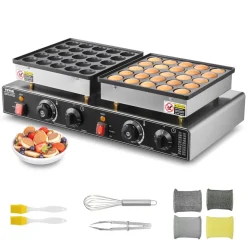 VEVOR 50PCS Mini Dutch Pancake Maker, Non-stick Stainless Steel Dorayaki Baker, 1800W Commercial Electric Poffertjes Grill Pan, Dual Temp & Time Control, for Kitchen Restaurant Breakfast Dessert