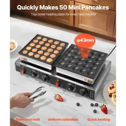 VEVOR 50PCS Mini Dutch Pancake Maker, Non-stick Stainless Steel Dorayaki Baker, 1800W Commercial Electric Poffertjes Grill Pan, Dual Temp & Time Control, for Kitchen Restaurant Breakfast Dessert