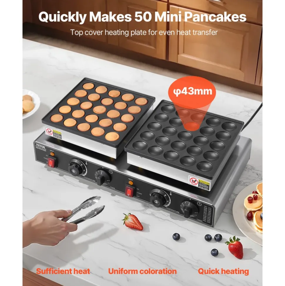 VEVOR 50PCS Mini Dutch Pancake Maker, Non-stick Stainless Steel Dorayaki Baker, 1800W Commercial Electric Poffertjes Grill Pan, Dual Temp & Time Control, for Kitchen Restaurant Breakfast Dessert