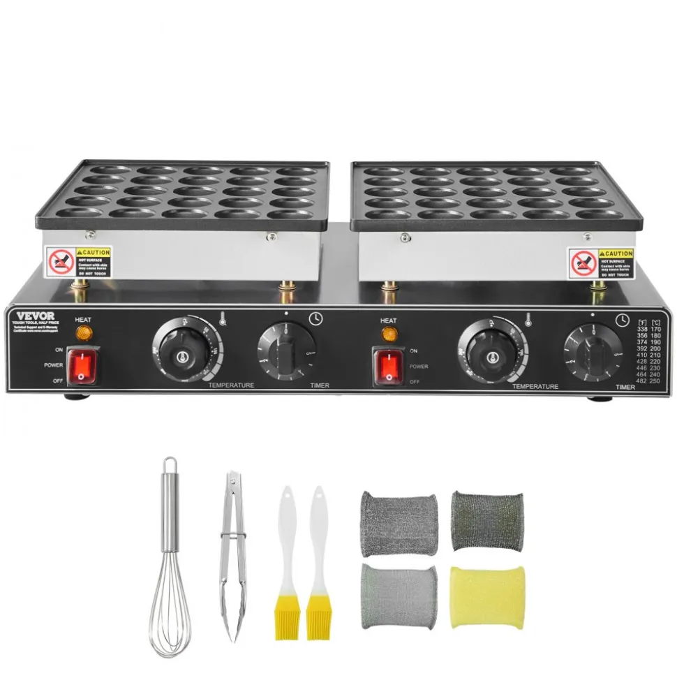 VEVOR 50PCS Mini Dutch Pancake Maker, Non-stick Stainless Steel Dorayaki Baker, 1800W Commercial Electric Poffertjes Grill Pan, Dual Temp & Time Control, for Kitchen Restaurant Breakfast Dessert
