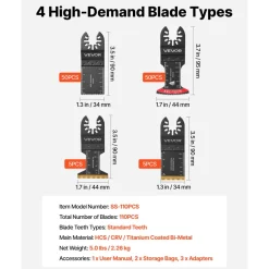 VEVOR 110PCS Oscillating Saw Blades, Universal Quick Release Multi Tool Blades Kits, 4 Types Oscillating Multitool Blades for Wood Plastic Metal, Compatible with Dewalt Ryobi Milwaukee Bosch Craftsman