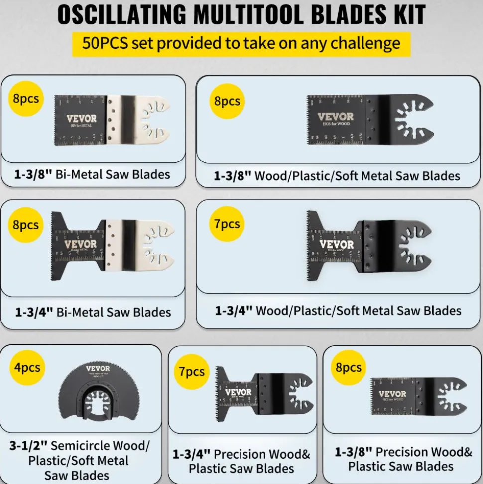 VEVOR 50 PCS Oscillating Saw Blades, Quick Release Multitool Blades Kit, HCS Tool Blades for Wood Plastic Metal Nails Bolts, Compatible with Dewalt Dremel Fein Worx Bosch Makita Milwaukee