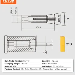 VEVOR 13 pcs Precision R8 Collet Set, 1/8'' - 7/8'', 45# Mill Collet Chuck 0.0012