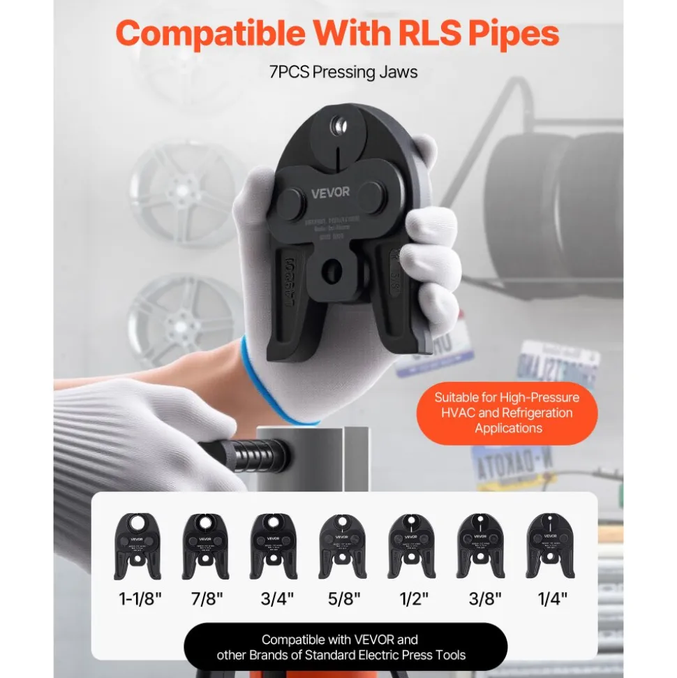 VEVOR 7PCS Pressing Jaws 1/4" to 1-1/8" - Compatible with RLS Copper Pipes, Work with 32KN Standard Press Tools for High Pressure HVAC/R Applications - with Case