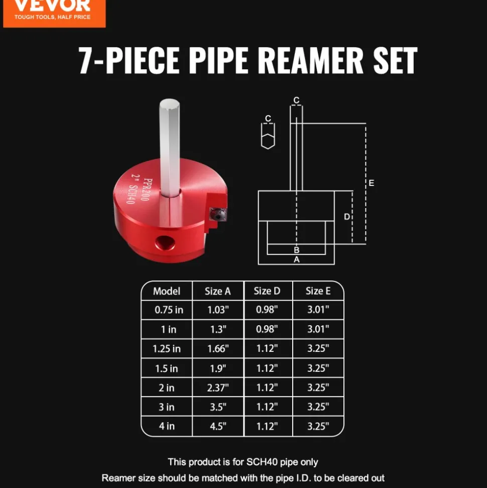 VEVOR 7Pcs PVC Pipe Reamer Kit, Plastic Pipe Fitting Socket Saver Kit, Includes 3/4", 1", 1-1/4'', 1-1/2", 2", 3", 5'', for PVC, CPVC, and ABS Fittings, for Exhaust, Drain, Water Pipes Cleaning