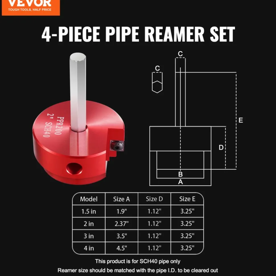 VEVOR 4Pcs PVC Pipe Reamer Kit, Plastic Pipe Fitting Socket Saver Tool Kit, Includes 1-1/2", 2", 3", 4", for PVC, CPVC, and ABS Fittings, with Tool Box, for Exhaust, Drain, Water Pipes Cleaning