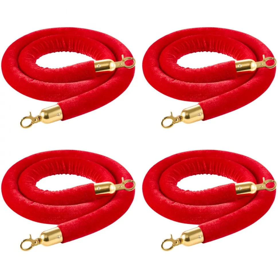 VEVOR 4 Pcs Red Velvet Stanchion Ropes, 5 ft Crowd Control Stanchion Red Velvet Ropes with Gold Hooks, Post Queue Barrier Carpet Rope for Carpet Events Movie Theaters Grand Openings Hotels Party
