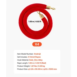 VEVOR 4 Pcs Red Velvet Stanchion Ropes, 5 ft Crowd Control Stanchion Red Velvet Ropes with Gold Hooks, Post Queue Barrier Carpet Rope for Carpet Events Movie Theaters Grand Openings Hotels Party