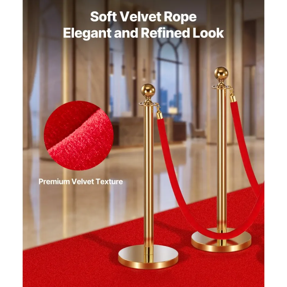 VEVOR 4 Pcs Red Velvet Stanchion Ropes, 5 ft Crowd Control Stanchion Red Velvet Ropes with Gold Hooks, Post Queue Barrier Carpet Rope for Carpet Events Movie Theaters Grand Openings Hotels Party