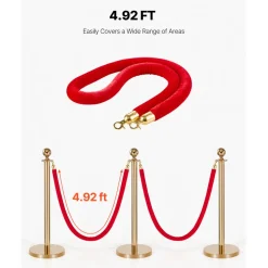 VEVOR 4 Pcs Red Velvet Stanchion Ropes, 5 ft Crowd Control Stanchion Red Velvet Ropes with Gold Hooks, Post Queue Barrier Carpet Rope for Carpet Events Movie Theaters Grand Openings Hotels Party