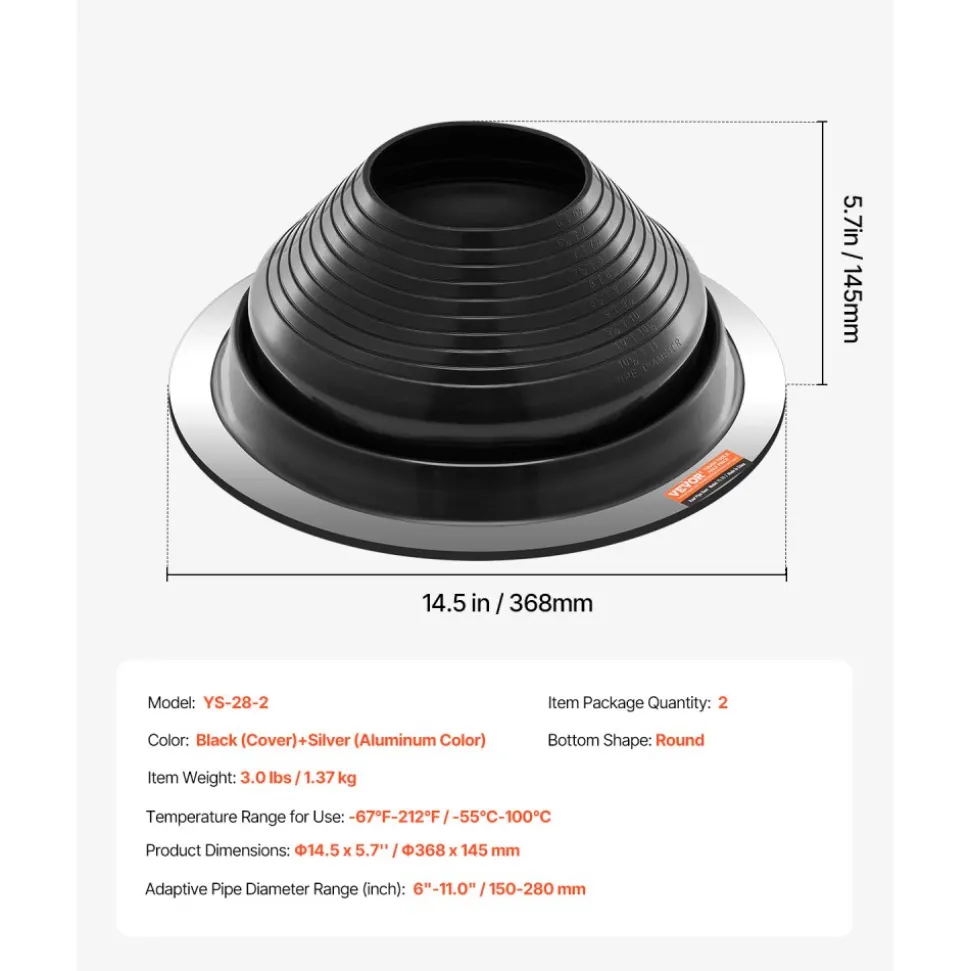VEVOR 2 Pcs Roof Pipe Flashing Boots, Fit Pipe OD 6" to 11", Flexible EDPM Roofing Jack Pipe Flashing, High Temp -67℉ to 212℉, Endurable Round Metal Base, for Chimney, Wood Stove & Outdoor Vent Pipes