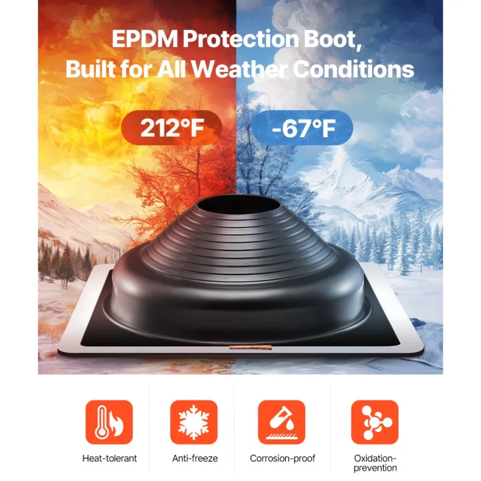 VEVOR 2 Pcs Roof Pipe Flashing Boots, Fit Pipe OD 6-3/4" to 14", Flexible EDPM Roofing Jack Pipe Flashing, High Temp -67℉ to 212℉, Endurable Metal Base, for Chimney, Wood Stove & Outdoor Vent Pipes