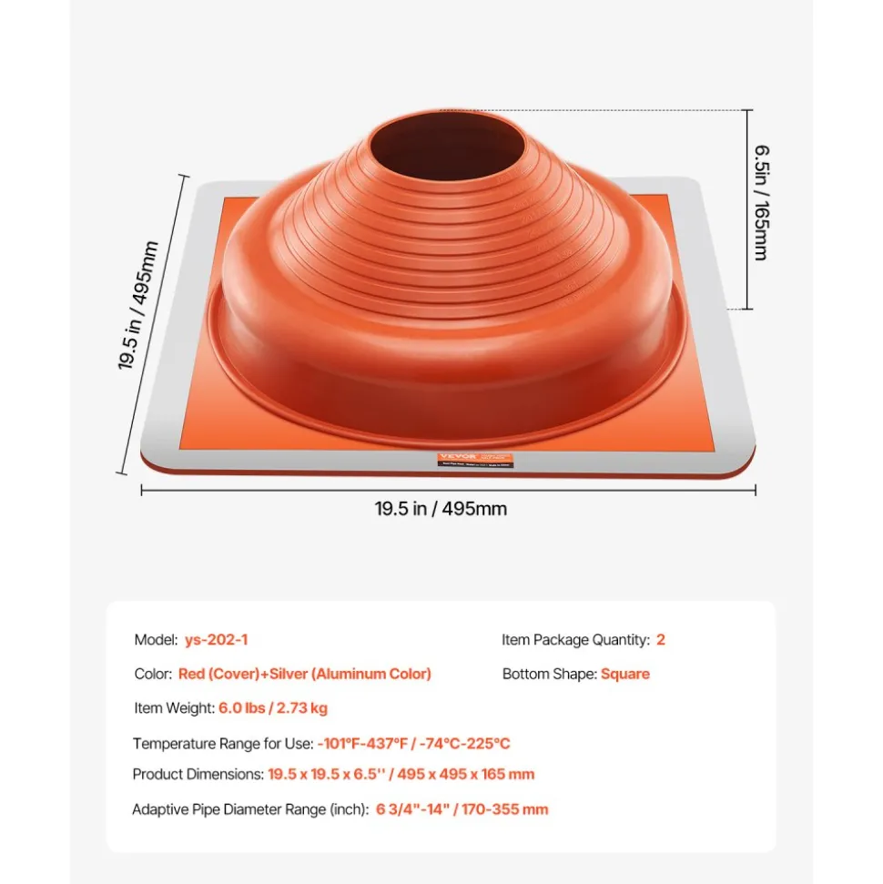 VEVOR 2Pcs Roof Pipe Flashing Boots, Fit Pipe OD 6-3/4" to 14", Flexible Silicone Roofing Jack Pipe Flashing, High Temp -101℉ to 437℉, Square Metal Base, for Chimney, Wood Stove & Outdoor Vent Pipes