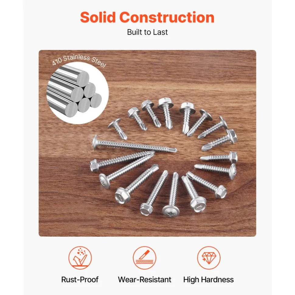 VEVOR 420 PCS Self Drilling Screws, Stainless Steel #8 #10 Sheet Metal Screw Assortment Kit for Metal and Wood, Phillips Truss Head & Hex Head Self Tapping Screws, Length 1/2 Inch to 2 Inch, Silver