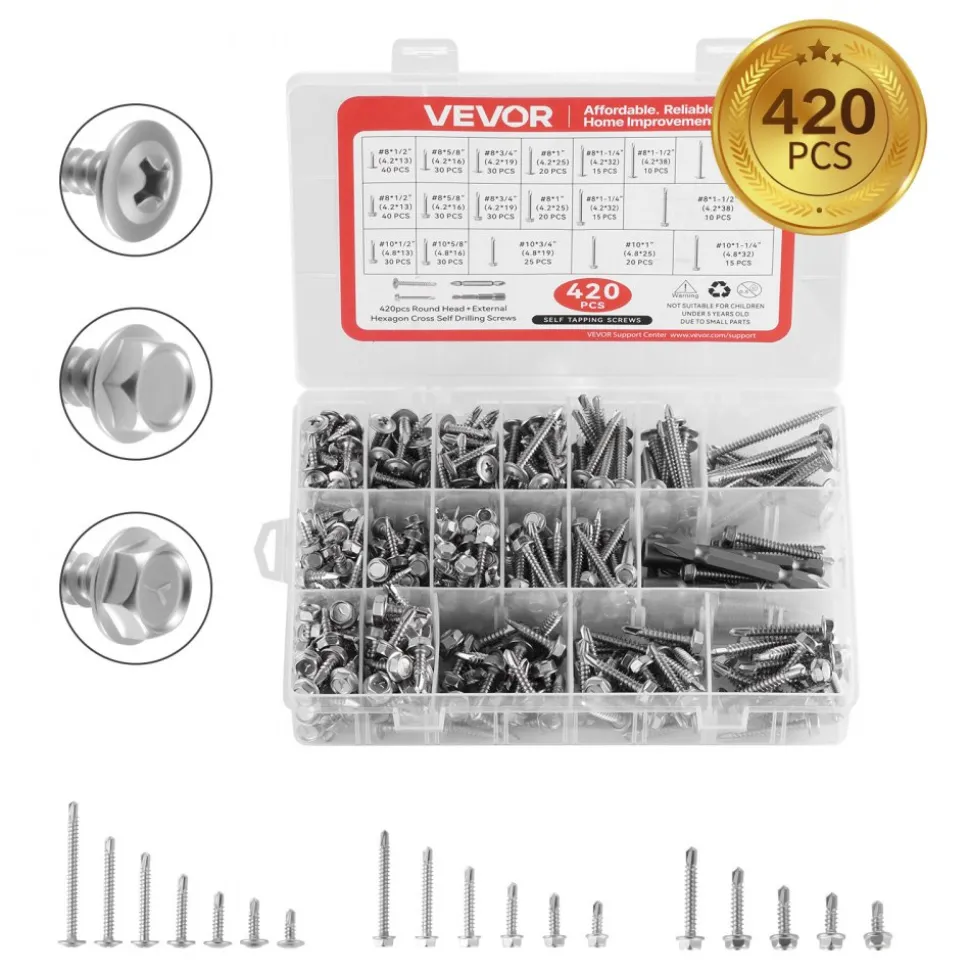 VEVOR 420 PCS Self Drilling Screws, Stainless Steel #8 #10 Sheet Metal Screw Assortment Kit for Metal and Wood, Phillips Truss Head & Hex Head Self Tapping Screws, Length 1/2 Inch to 2 Inch, Silver