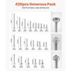 VEVOR 420 PCS Self Drilling Screws, Stainless Steel #8 #10 Sheet Metal Screw Assortment Kit for Metal and Wood, Phillips Truss Head & Hex Head Self Tapping Screws, Length 1/2 Inch to 2 Inch, Silver