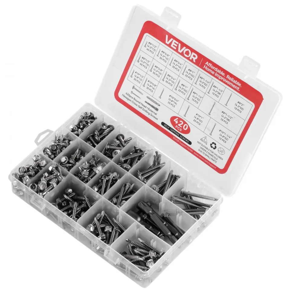 VEVOR 420 PCS Self Drilling Screws, Stainless Steel #8 #10 Sheet Metal Screw Assortment Kit for Metal and Wood, Phillips Truss Head & Hex Head Self Tapping Screws, Length 1/2 Inch to 2 Inch, Silver