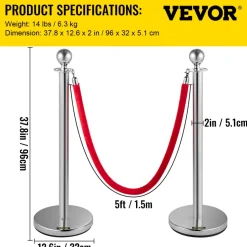VEVOR 4PCS Stainless Steel Stanchion Posts Queue, Red Velvet Ropes Silver Post, 5FT Rope Barriers Queue Line Crowd Control Barriers for Party Supplies