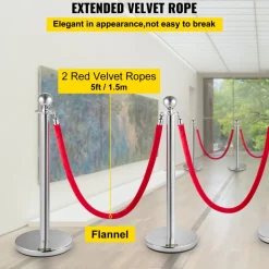 VEVOR 4PCS Stainless Steel Stanchion Posts Queue, Red Velvet Ropes Silver Post, 5FT Rope Barriers Queue Line Crowd Control Barriers for Party Supplies