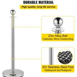 VEVOR 4PCS Stainless Steel Stanchion Posts Queue, Red Velvet Ropes Silver Post, 5FT Rope Barriers Queue Line Crowd Control Barriers for Party Supplies