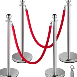 VEVOR 4PCS Stainless Steel Stanchion Posts Queue, Red Velvet Ropes Silver Post, 5FT Rope Barriers Queue Line Crowd Control Barriers for Party Supplies