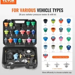 VEVOR 28 pcs Universal Radiator Pressure Tester Kit, Coolant Pressure Tester Kit with Manual Pump and Color-coded Test Caps, Coolant Vacuum Refill kit for Cars Motorcycles Trucks Cooling System
