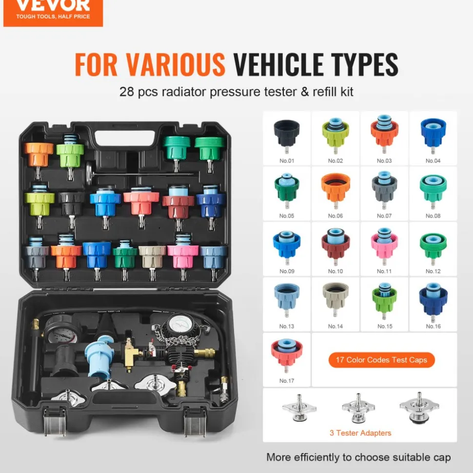 VEVOR 28 pcs Universal Radiator Pressure Tester Kit, Coolant Pressure Tester Kit with Manual Pump and Color-coded Test Caps, Coolant Vacuum Refill kit for Cars Motorcycles Trucks Cooling System
